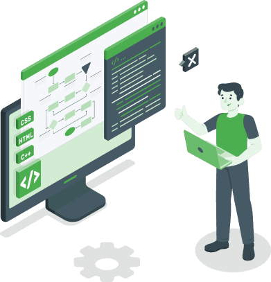 Illustration of a person using a computer to illustrate business insights and growth.